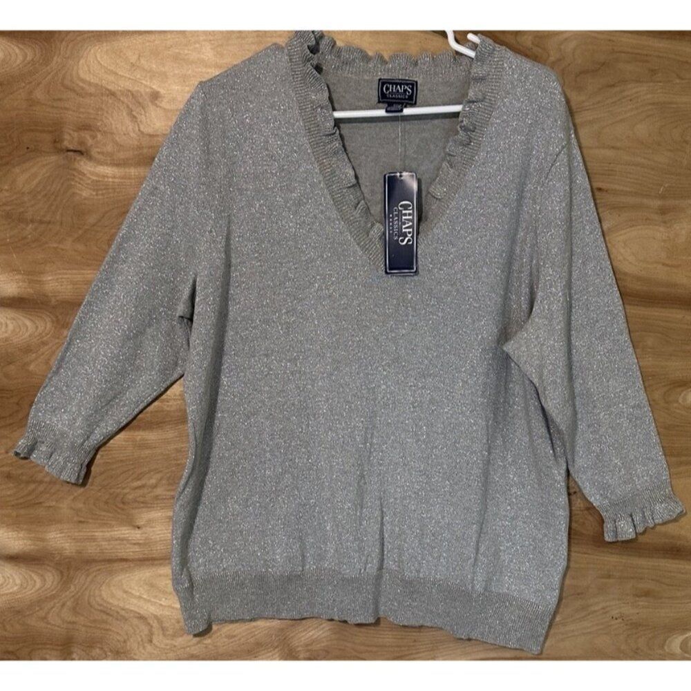 NWT Chaps Woman 2X Silver Gray Metallic Ruffled V Neck Sweater Shimmer $75